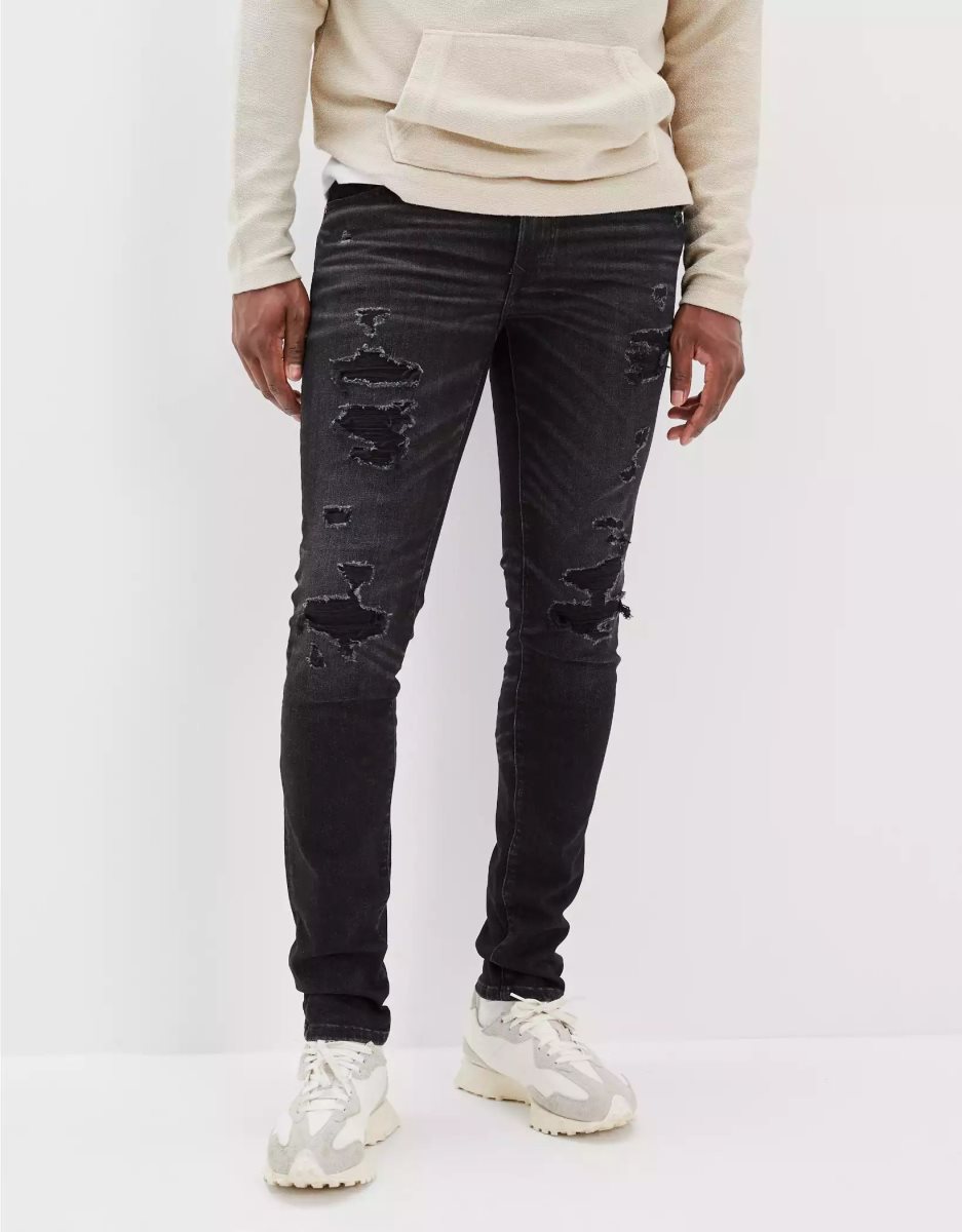 Jean American Eagle AE AirFlexPatched Mince Noir Homme | MFK-06674639